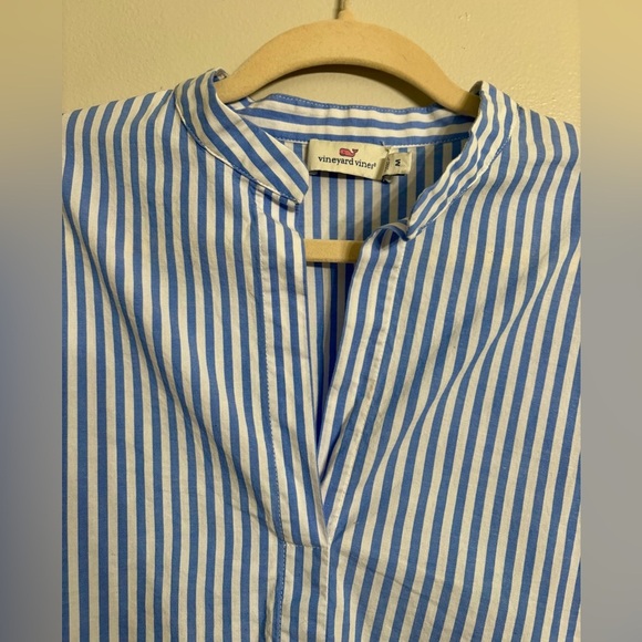 VINEYARD VINES Popover Top Blue White Striped Roll Tab Sleeves Blouse - Picture 3 of 9
